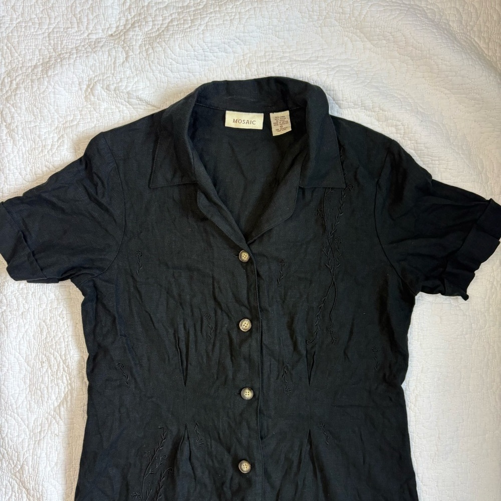 Black Linen Blend Embroidered Button-Front Midi Dress | Mosaic | Size 10 - Picture 4 of 14